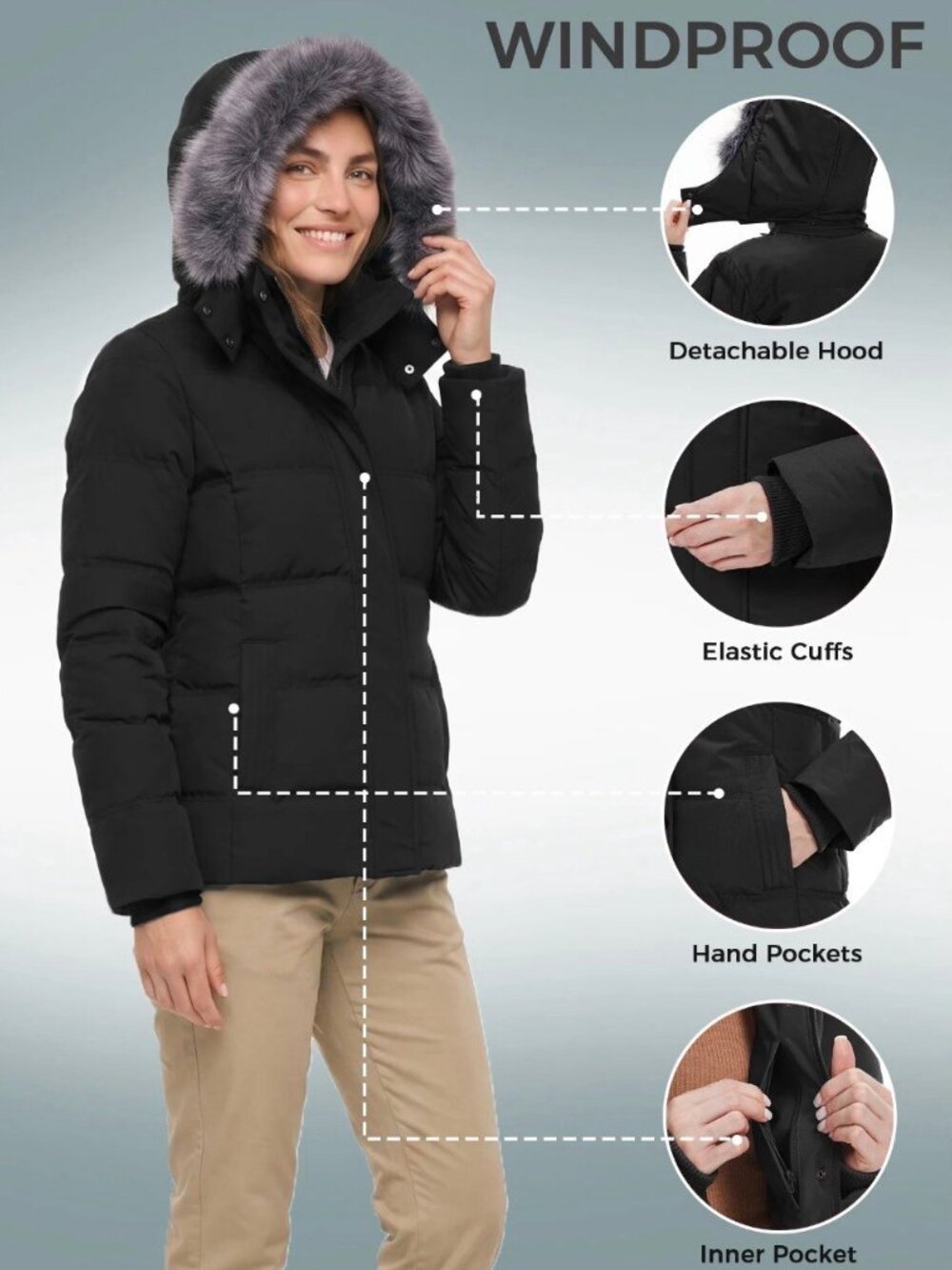 Women's Winter Puffer Jacket with Faux Fur Hood – Black, Size Large - Picture 5 of 8